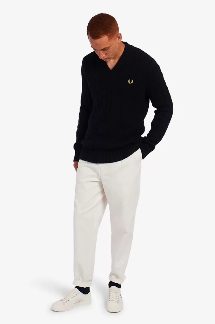 Fred Perry Cable Knit V Neck Men’s Jumper Black GYZEO0143