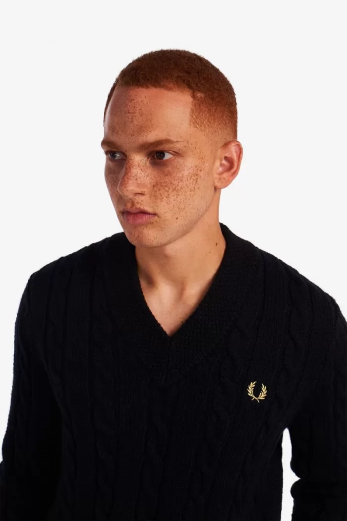 Fred Perry Cable Knit V Neck Men’s Jumper Black GYZEO0143