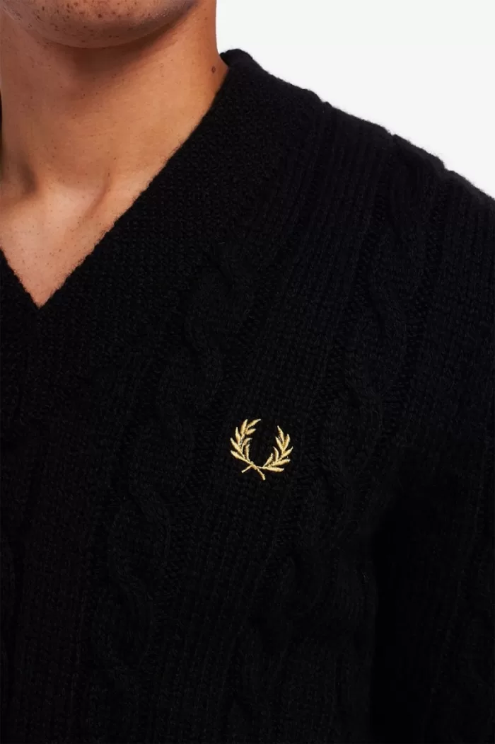 Fred Perry Cable Knit V Neck Men’s Jumper Black GYZEO0143