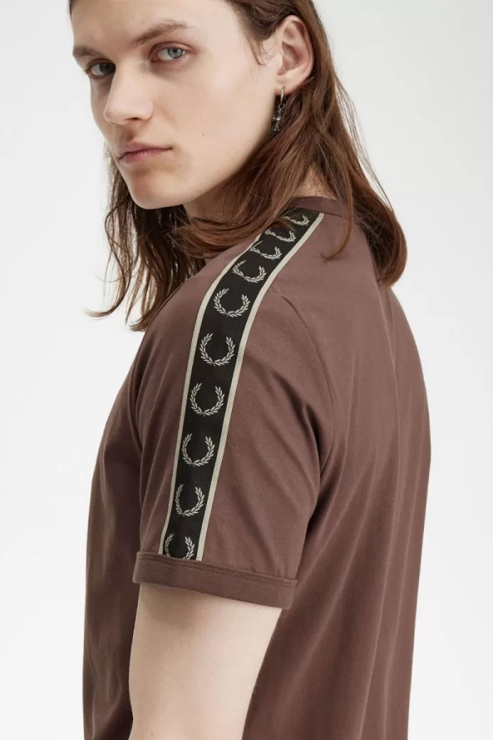 Fred Perry Contrast Tape Ringer Men’s T-Shirt Dark Red Warm Grey YJOEB7359