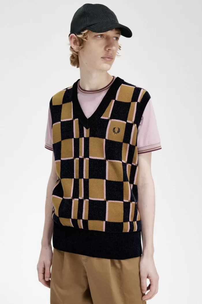 Fred Perry Glitch Chequerboard Men’s Tanks Brown Navy LDQXA4501
