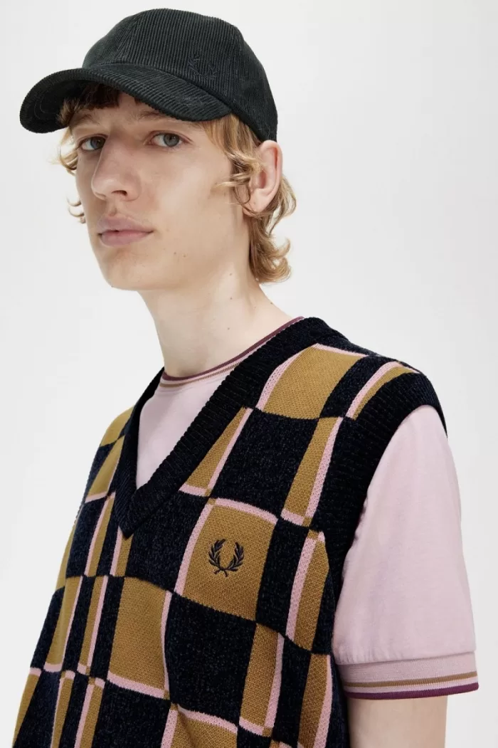 Fred Perry Glitch Chequerboard Men’s Tanks Brown Navy LDQXA4501