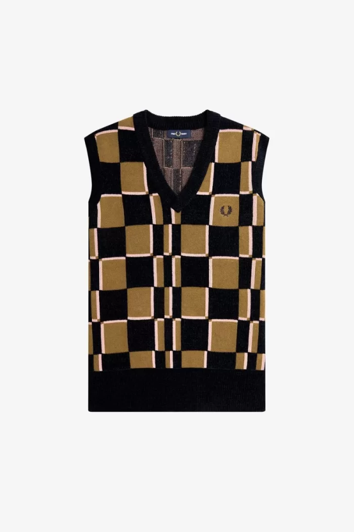 Fred Perry Glitch Chequerboard Men’s Tanks Brown Navy LDQXA4501