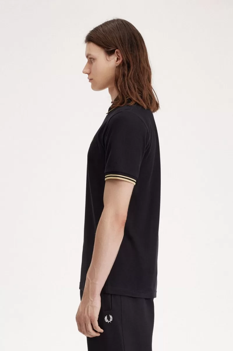 Fred Perry Osaka M12 Mens Polo Shirt Bla 496 1 ZOOM - Fred Perry Osaka M12 Men's Polo Shirt Black Champagne QDHTN6709