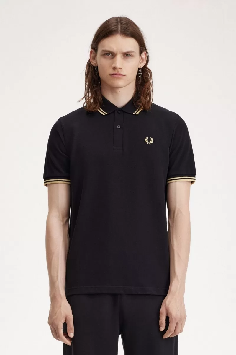 Fred Perry Osaka M12 Mens Polo Shirt Bla 496 ZOOM - Fred Perry Osaka M12 Men's Polo Shirt Black Champagne QDHTN6709