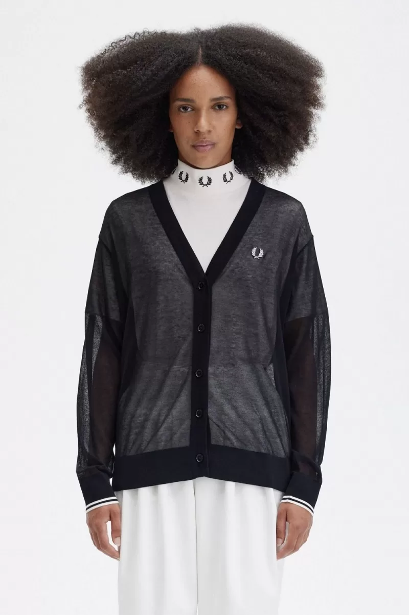 Fred Perry Sheer VNeck Womens Cardigan B 979 ZOOM 1 - Fred Perry Sheer V-Neck Women's Cardigan Black FHVWS7913